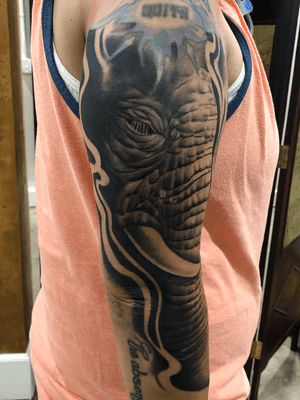 5hrs in this first session. Always booking so hit my line! #blackandgreytattoo #elephant #tattoos