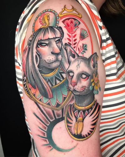 Cat tattoo by Mathilde Hanmeister of Berlin Ink #MathildeHanmeister #Berlin #BerlinInkTattooing #Germany #Neotraditional #neotrad #nature #artnouveau #beauty #color #cat #Egyptian #pharaoh #cattattoo #sun #moon 