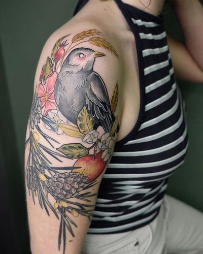 Bird tattoo by Mathilde Hanmeister of Berlin Ink #MathildeHanmeister #Berlin #BerlinInkTattooing #Germany #Neotraditional #neotrad #nature #flower #rose #artnouveau #beauty #color #bird #apple #pinecone #armtattoo