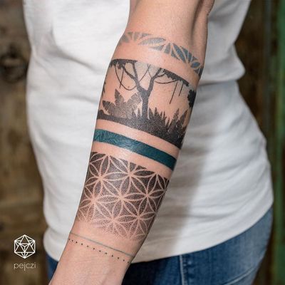 Arm band tattoo by Ola Oleszkiewicz #OleOleszkiewicz #armband #armbandtattoo #band #bracelet #bands #dotwork #color #linework #pattern #sacredgeometry #trees #plants #arm