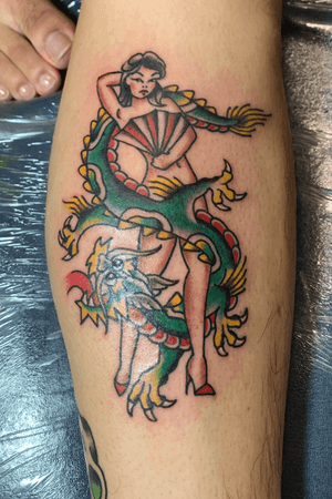 Dragon and pin up done on calf