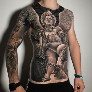St Michael The Archangel vs The Demon, London, UK | #blackandgrey #realistic #tattoos #fullfront #mythology