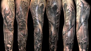 @westend.tattoo_wien #wientattoo #tattoovienna #fullarmtattoo #realismtattoo #realistictattoo #deer tattoo #owl tattoo #foresttattoo