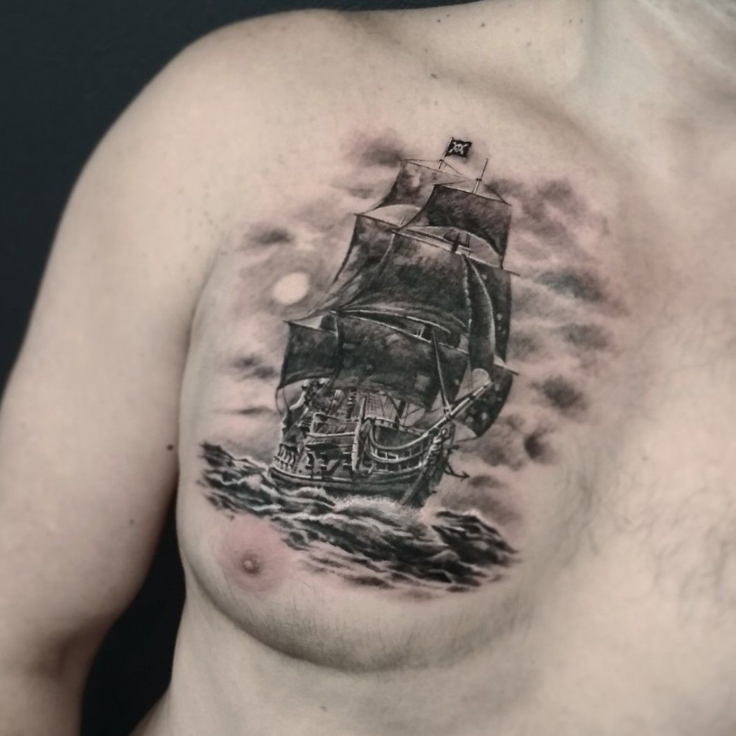 Ship tattoo Pearl Tattoo Jack sparrow Pirates of the Caribbean Black  ink  Ship tattoo Tattoo sleeve designs Pearl tattoo