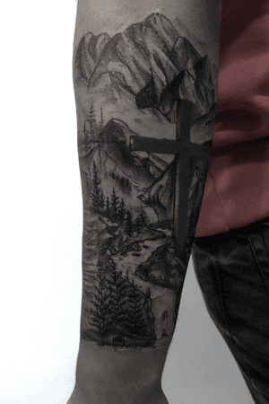 Freehand Forest Cover up/rework tattoo.    #forestattoo #forest #freehand #mountains