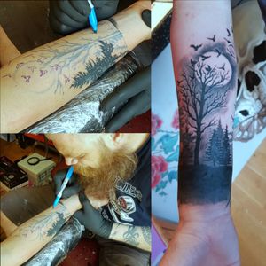 Custom Tree Silhouette Cuff Tattoo with Full Moon#Tree #Treeline #Trees #TreeTattoo #Moon #MoonTattoo #FullMoon #FullMoonTattoo #Custom #CustomDesign #CustomTattoo #Sharpie #SharpieArt #SharpieTattoo 