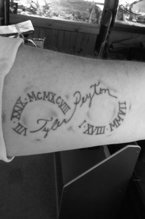 Infinity symbol with my Boys names and their Birthdays in Roman Numerals!