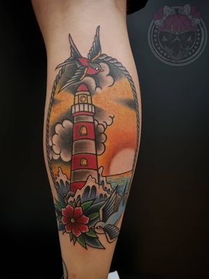 Finally some cool traditional piece 😍❤ Thank you so much @kamilica_dude I totally enjoyed doing this one! #tattoo #tatouage #tattooidone #tattooidea #traditionaltattoo #traditionaltattooing #traditionaltattooart #traditionalswallow #trad_workers #bright_and_bold #tttism #lighthouse  #lighthousetattoo #sunrise #fullcolortattoo #legtattoo #boyswithtattoos #octopustattoostudio #octopuspiercingstudiozagreb #zagrebtattoo #zagreb #zagrebtattooartist #bo_mademoiselle #bo_mademoiselle_tattooing