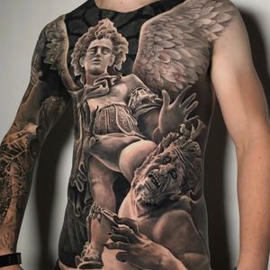 St Michael vs Demon, London, UK | #blackandgrey #realistic #tattoos #fullfront