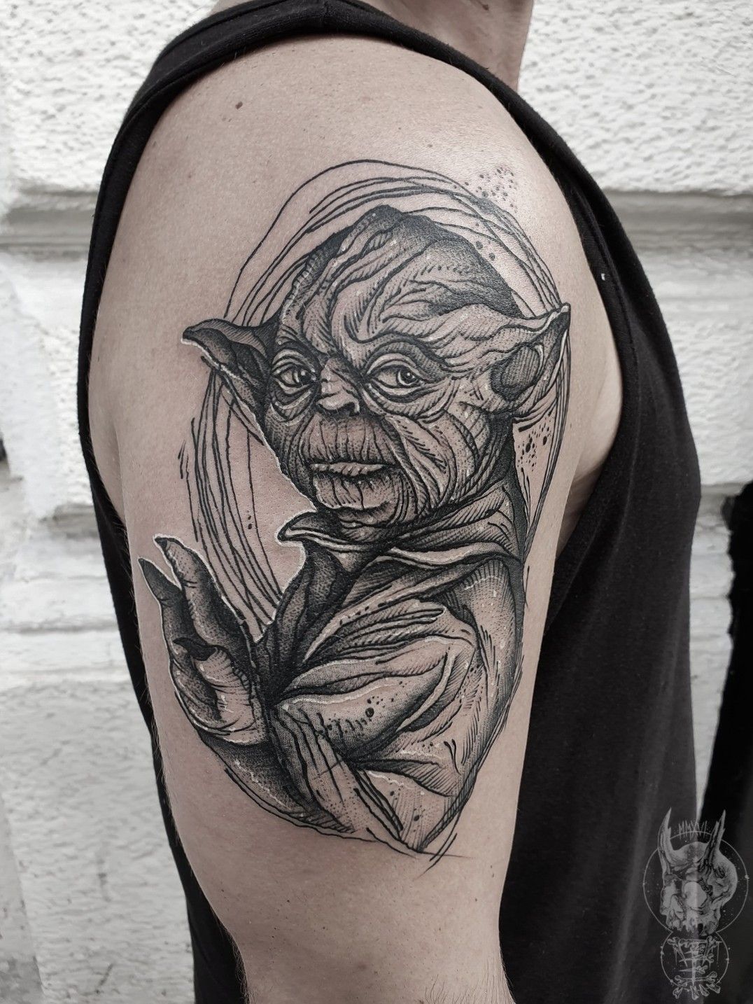 Black and Grey Baby Yoda Tattoo Idea - BlackInk AI