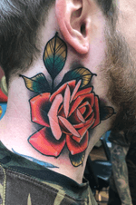 Rose tattoo on the neck #neotraditional #necktattoo #rose #color #denver 