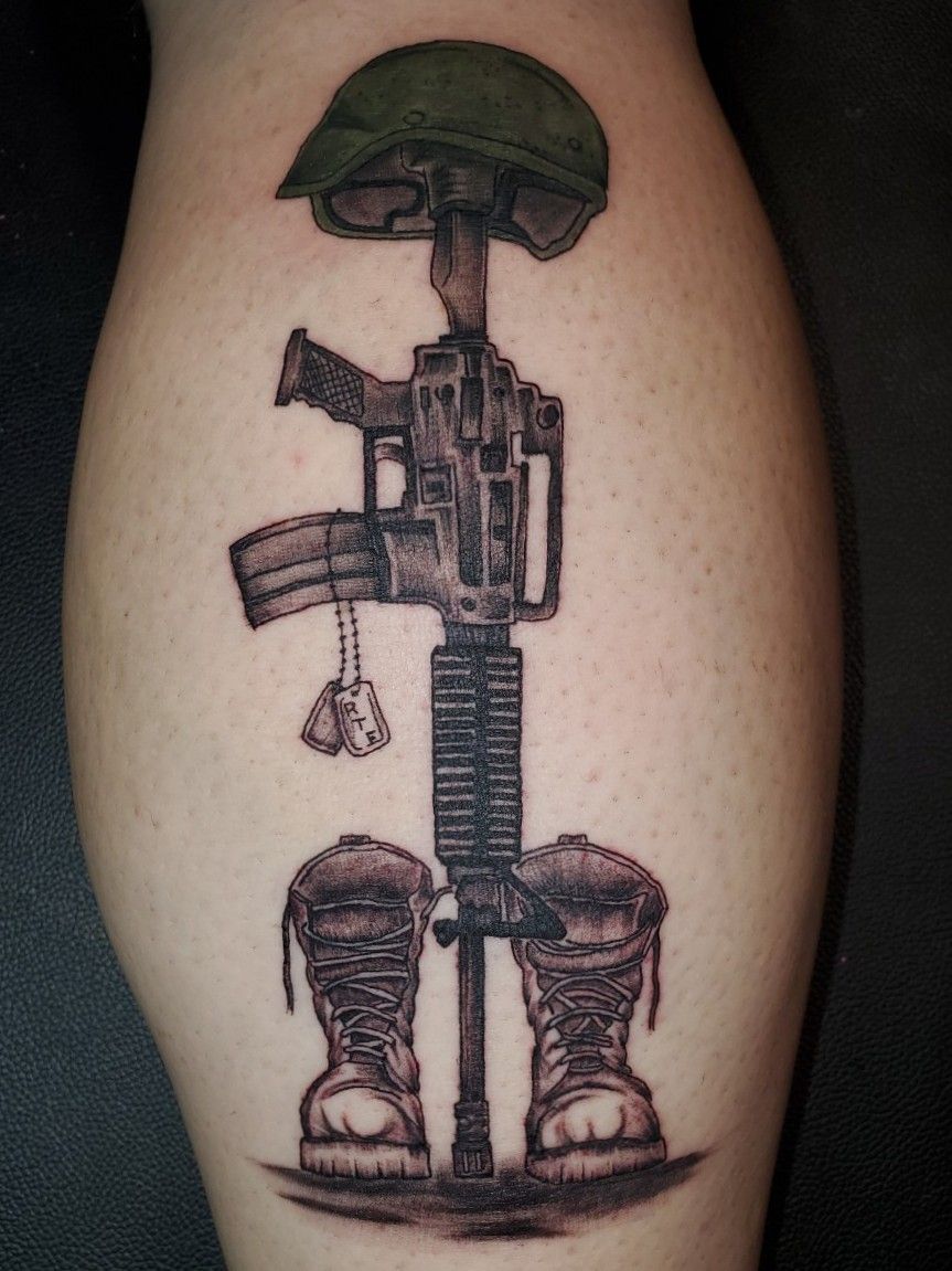 Black  White Fallen Soldier Tattoo  Veteran Ink