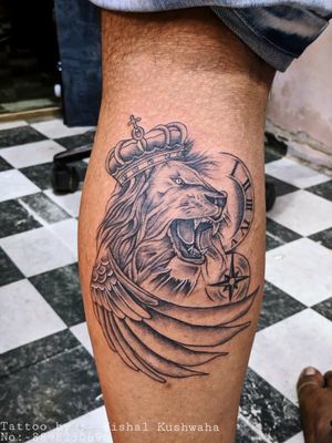 Lion Tattoo with Clock and Compass