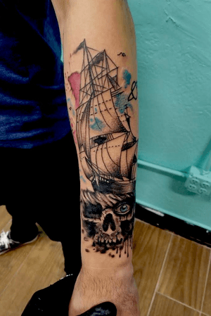 #nautical #pirateship #skull #watercolor #tattoo #forearmtattoo