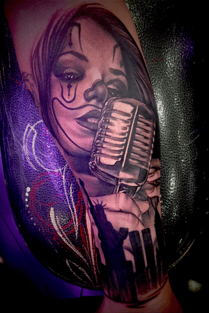  Clown face girl vintage microphone New York City forearm tattoo...