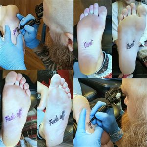 Bit of a cheeky one, and most fun I've had in ages 😁The girls were awesome and hardcore as f**k! Cheers for the laughs 🤘Foot Tattoo - Sole Tattoo - Feet - Text - Words - Lettering - Painful - Swearing - Offensive - Funny - Awesome 