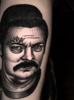 Ron Swanson B&G with bacon face tattoo. 