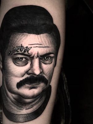 Ron Swanson B&G with bacon face tattoo.
