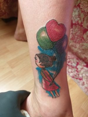 girl with baloons #girl #colortattoo #coveruptattoo #legtattoo 
