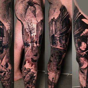 Starlings murmuration full leg in progress, London, UK | #blackandgrey #realism #tattoos #fullleg