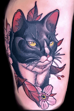 Cat and Sakura neo traditional tattoo