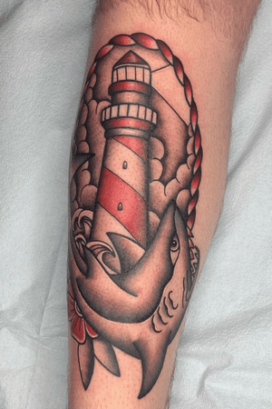 Lighthouse and shark tattoo 
