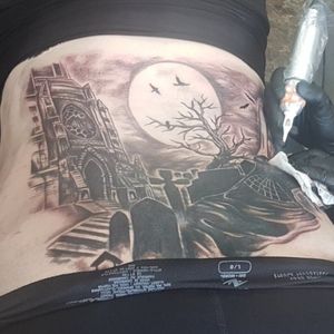 My lower back piece tattoo, being done, (which is a cover-up, btw).