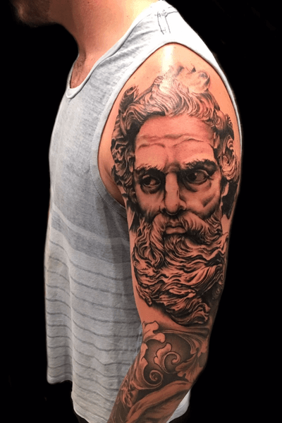 Cranked out this Zeus portrait tge otger day on a great client who flew in from Texas to finish up some sleeve work #blackwork #portrait #blackandgreytattoo #blacktattoo #darkart #zeus #highcontrastblack 