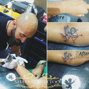 Reverse tattoo transforming black to realistic angel of love 