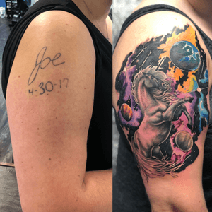 Coverup tattoo old name to a galactic unicorn #unicorn #galacticunicorn #galaxytattoo #coveruptattoo #colortattoo