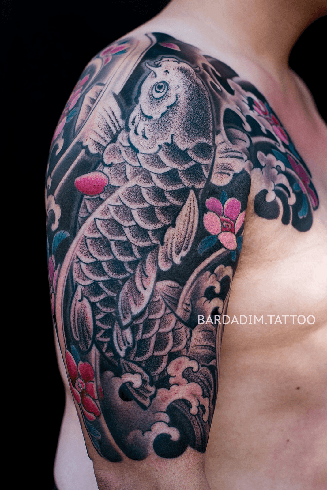 Tattoo uploaded by Bardadim Tattoo • Japanese tattoo. Full sleeve. Black  and grey Koi and Sakura tattoo • Tattoodo