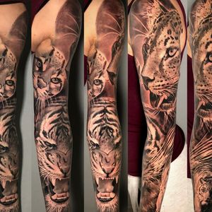 The Felines Full Arm Sleeve, London, UK | #blackandgrey #realistic #tattoos #tiger #fullsleeve