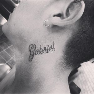 Memorial tattoo for Gabriel <3 Thank you! #scripttattoo #script #letteringtattoo #lettering #necktattoo #linework #cursive #name #nametattoo 