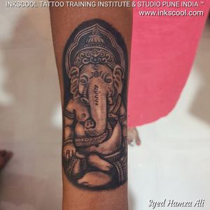 Lord Ganesh tattoo by Syed Hamza Ali at INKSCOOL Tattoo Training Institute and Studio Pune India ™. Contact 88069 28209. #ganeshtattoo #ganesha #ganesh #forearmtattoos #forearmtattoo #forearm #HinduTattoos #hindutattoo #godtattoo #blackandgrey #blackandgreytattoo #MythologyTattoos 