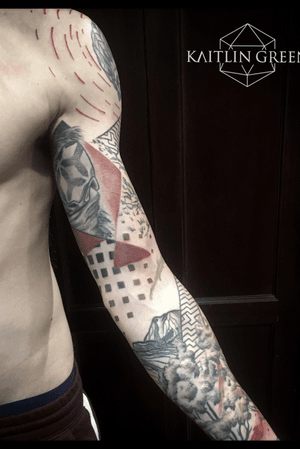Contemporary geometric trash polka sleeve  with dotwork, patterns and nature done by Kaitlin Green, tattoo artist in Denver Colorado at Landmark tattoo. Black and grey, geometry, mountains. 
