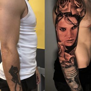 Young Woman & Old Man Portraits Full arm Sleeve, London, UK | #blackandgrey #realistic #tattoos #fullsleeve