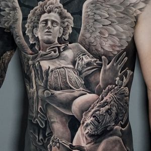 St Michael The Archangel & The Demon Full Front Torso, London, UK #blackandgrey #realism #fullfront #tattoos