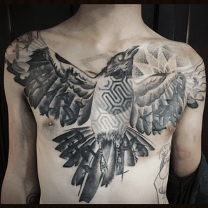 Black and grey geometric magpie and birds chest piece, mandala, dotwork, geometry, pattern, asymmetric tattoo done by Kaitlin Green female tattoo artist in Denver Colorado. 
