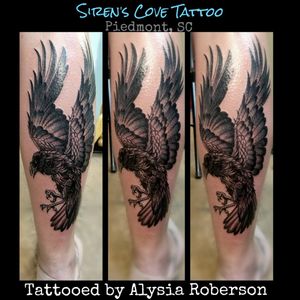Raven tattooed by Alysia Roberson on the back of her calf at Siren's Cove Tattoo in Piedmont, SC! She sat through this whole thing in 1 session with 0 whining and 0 complaints, and took it like a champ!!! #likeaboss #raven #raventattoo #poe #theraven #EdgarAllanPoe #nevermoretattoo #edgarallenpoetribute #Ravens #nevermore #theraventattoo #edgarallanpoetattoo #EdgarAlanPoe #thatssoraven #blackandgreytattoo #blackandgraytattoo #birdtattoo #customtattoo #animaltattoo #legtattoo #tattoos #tattooed #tattooedwoman #inkedgirl #traditionaltattoo #sc #sctattoo #sctattooartist #sctattooshop #yeahthatgreenville #sctattooer #southcarolinatattooartist #greenvillesc #downtowngreenville #andersonsc #clemsonsc #Alysiarobersontattoo #sirenscovetattoo www.facebook.com/sirenscovetattoo www.facebook.com/Alysia.Roberson.Tattoo.Artist