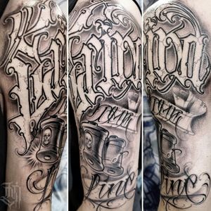 Chicano lettering with coils.My own arm freshly inked by Lucho Morante. First price for best lettering @ toxitink tattoo convention. Heavy session tho, I love the piece! 