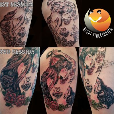 Here are some photos of the finished Sailor Moon inspired piece (tattoo rendition of a drawing by another artist). Had a fun time with this & would love to do more anime style work! Peep a video here & you can subscribe to my channel: https://youtu.be/HzDjmQn-so4 nikkifirestarter.com . . . #tattoo #bodyart #bodymod #ink #art #nonbinaryartist #nonbinarytattooist #mnartist #mntattoo #visualart #tattooart #tattoodesign #anime #animetattoo #sailormoon #sailormoontattoo #linework #colortattoo #watercolor #tattooedlady #thetattooedlady #thightattoo #firsttattoo #legtattoo #prettytattoo #flowertattoo #floraltattoo #flowers #luna #cat