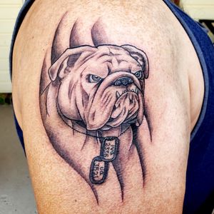 Bulldog!!! #BombTechQ #bulldogtattoo #bulldog #blackandgreytattoo #blacktattoos #blackartwork #tattooart #dogtags #dogtattoos #dogtattoo #cheyennetattooequipment #bishoprotary #eternalinks #intenzeink #intenze 