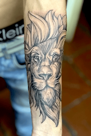 Freehand tattoo arm  lion portrait Neotrad