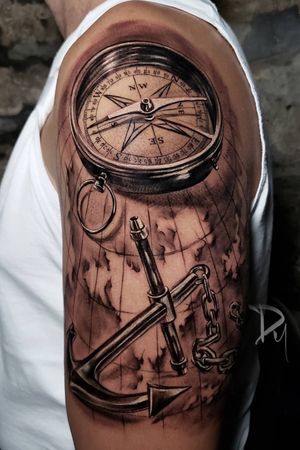Black and grey realistic compass-anchor-tattoo 