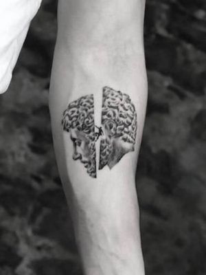 fine-line-statue-face-broken-man-climb-single-needle-tattoo #Micro Realism