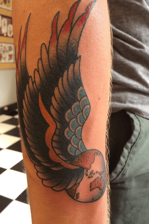 #traditional #traditionaltattoo #color #firsttattoo #wings #world #brisbane #globe #abstract #surreal 