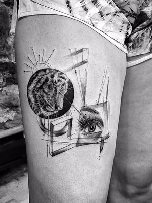 Black and grey geometric fine-line tiger and eye tattoo