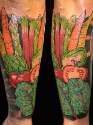 @westendtattoobp #westendtattooandpiercing #tattoo #arm tattoo #vegantattoo #colourtattoo #vegetabletattoo #tomatotattoo #carrottattoo #
