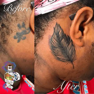 Cover up of a blow out tattoo with a beautiful feather 