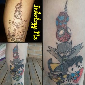 adding some color to this leg sleeve in progress. stick and poke styles. #stickandpoke #sticknpoke #handpoketattoo #handpoked #handpoke #legtattoo #sleevetattoo #MarvelTattoo #dccomics #DCTattoos #MarvelTattoos #marvel #colortattoos #colorful #colortattoo 